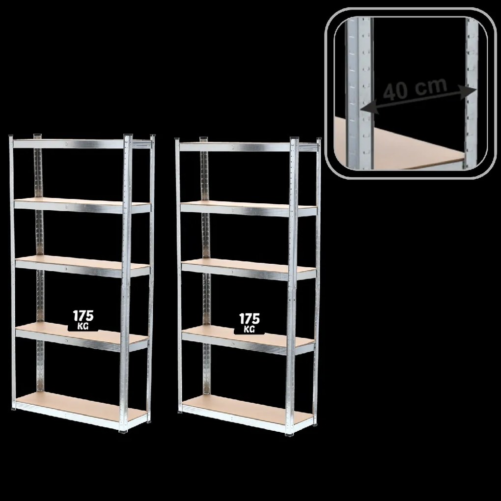 SADA DVÔCH 5-ÚROVŇOVÝCH POLIČIEK 180 x 90 x 40 CM NOSNOSŤ POLIČKY: 175 KG *2158