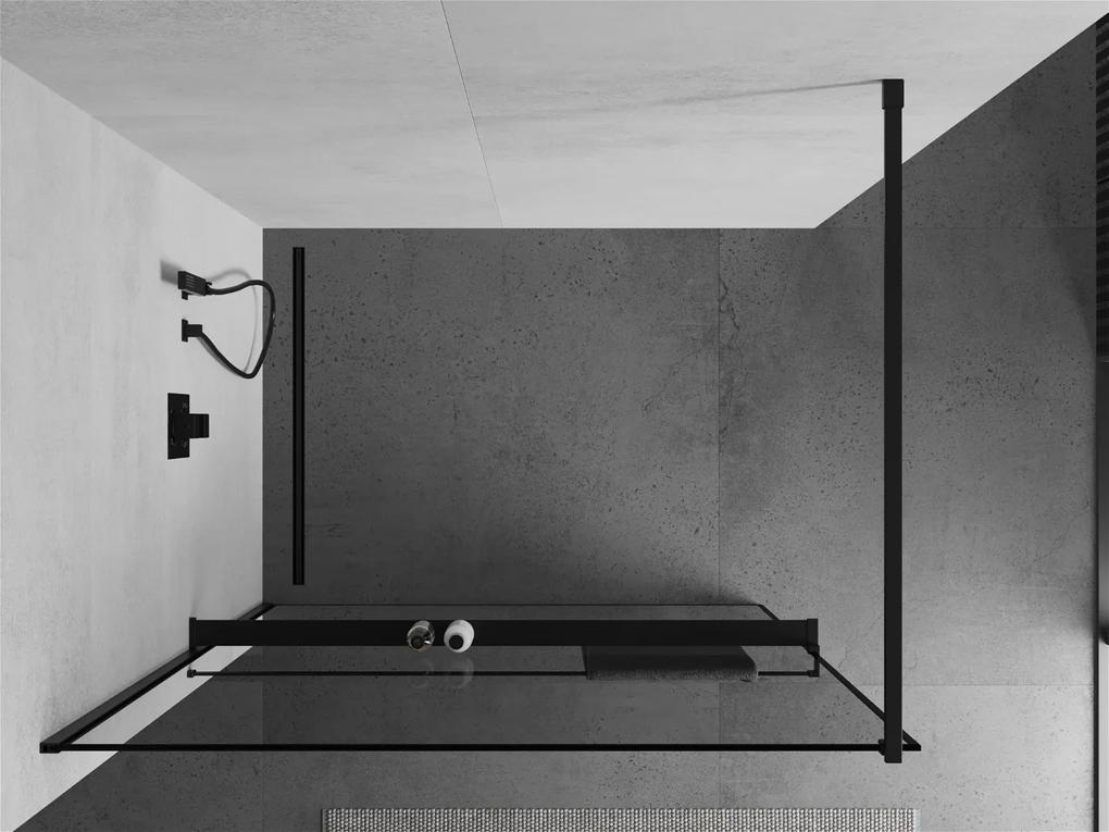 Mexen Kioto+, sprchová zástena s poličkou a držiakom na uteráky 120 x 200 cm, 8mm sklo číre sklo vzor čierny rám, čierny profil, 800-120-121-70-70