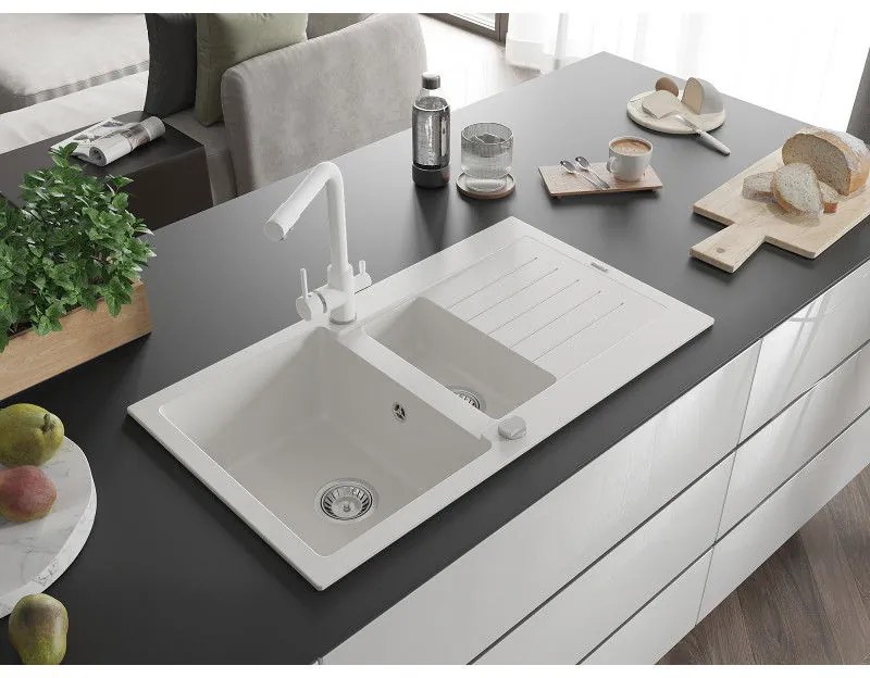 Mexen Matias, granitový drez 900x505x200 mm, 1,5-komorový a biela batéria Duero, biela, 6502-20-671600-20
