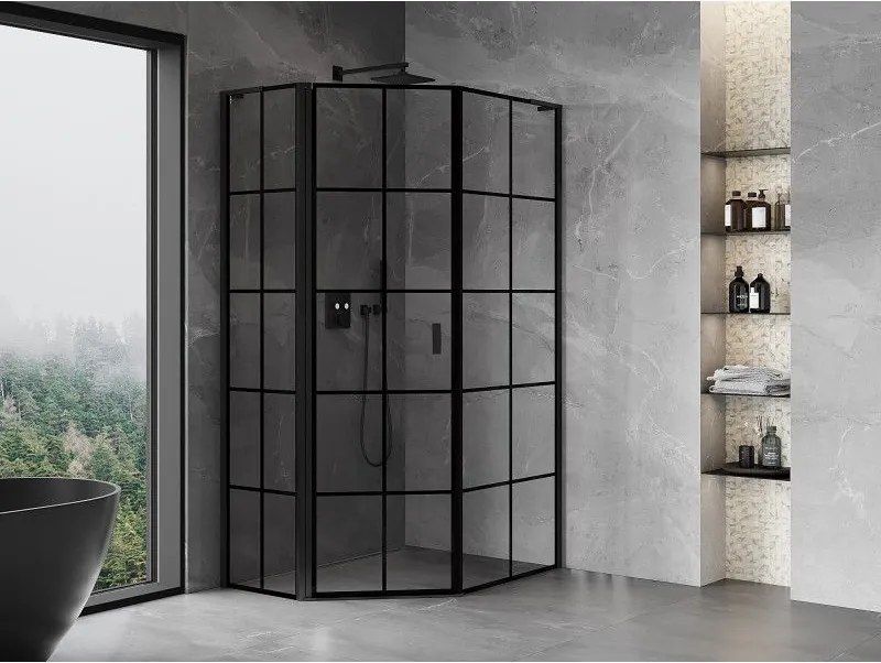 Mexen Mist L, päťuholníkový sprchový kút s krídlovými dverami, 80 x 100 cm, 8mm číre sklo, čierny profil, 8A8L-080-100-70-77-L