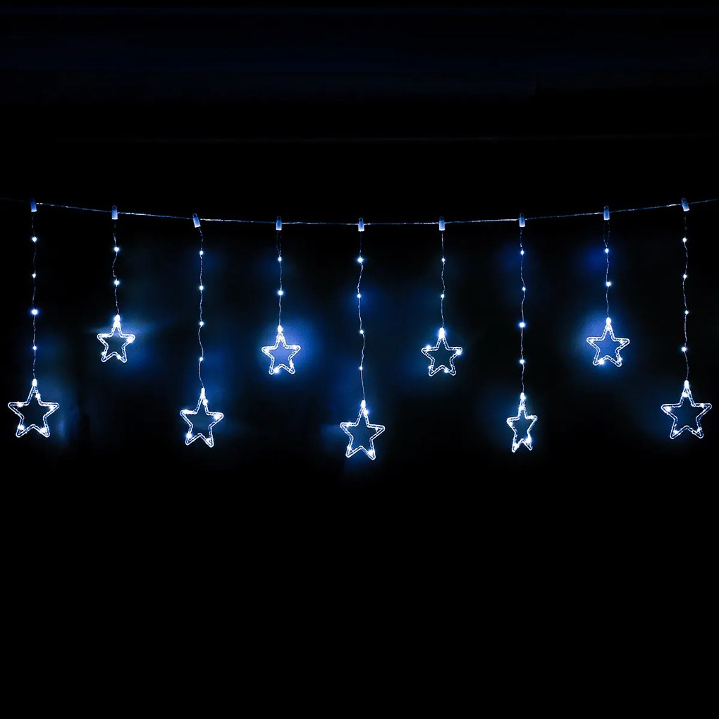 Svetelný vonkajší záves Stars, 200x60cm, LED, studená biela, časovač, 8 funkcií, na batérie, 200 cm