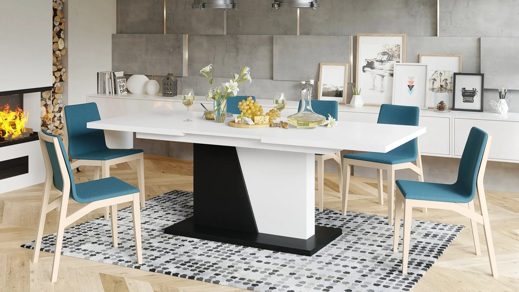 NOBLE NOIR Biely Mat/Čierny mat - ROZKLADANÝ STÔL DO 218 cm, pre 8, 10 osôb.