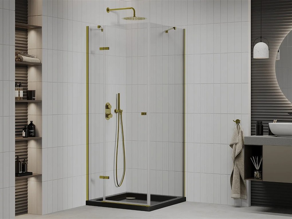 Mexen Roma, sprchovací kút s 1-krídlovými dverami 90 (dvere) x 90 (stena) cm, 6mm číre sklo, zlatý profil, slim sprchová vanička 5cm čierna, 854-090-090-50-00-4070G