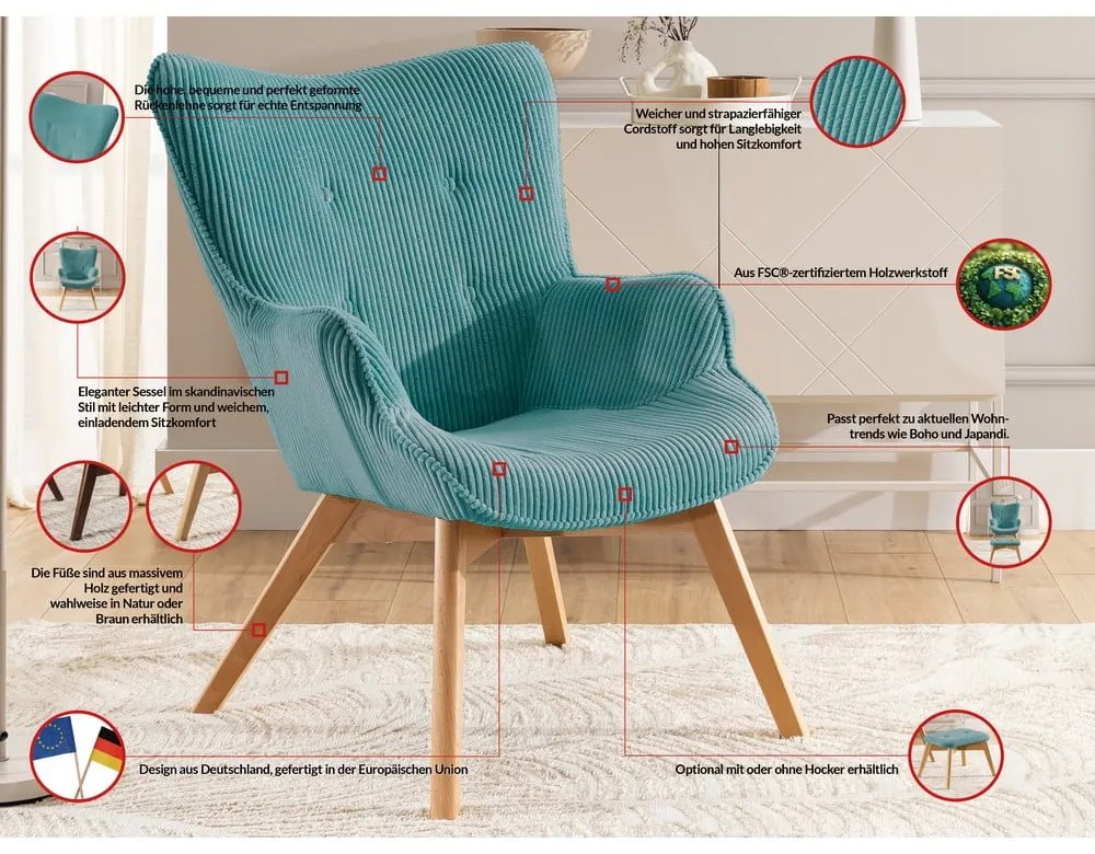 Tyrkysové menčestrové kreslo s podnožkou Niko – Ropez