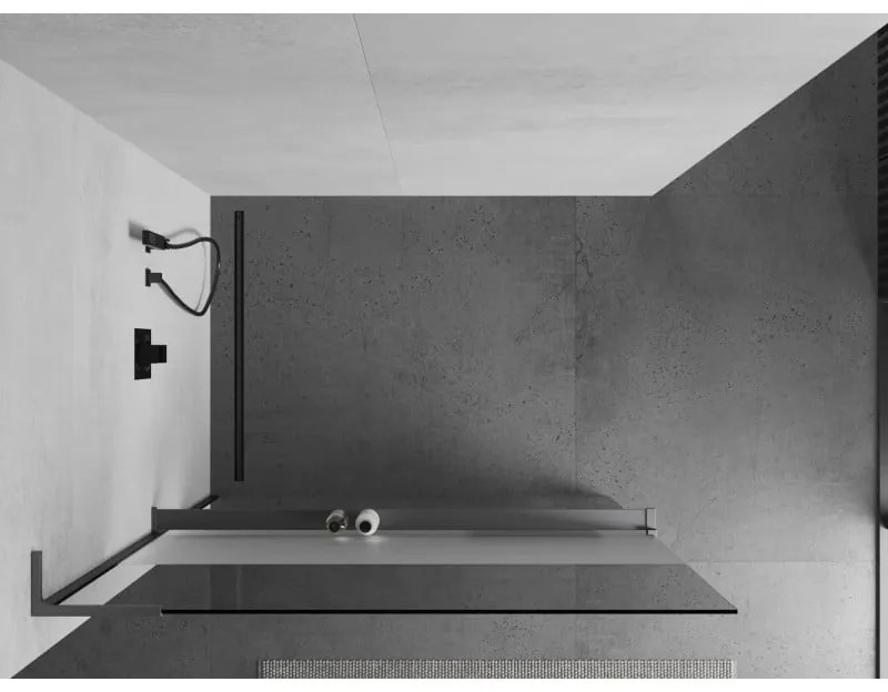 Mexen Kioto+ L, sprchová zástena Walk-In s poličkou a vešiakom 80 x 200 cm, 8mm číre sklo-námraza, grafitový profil, 800-080-123-95-35