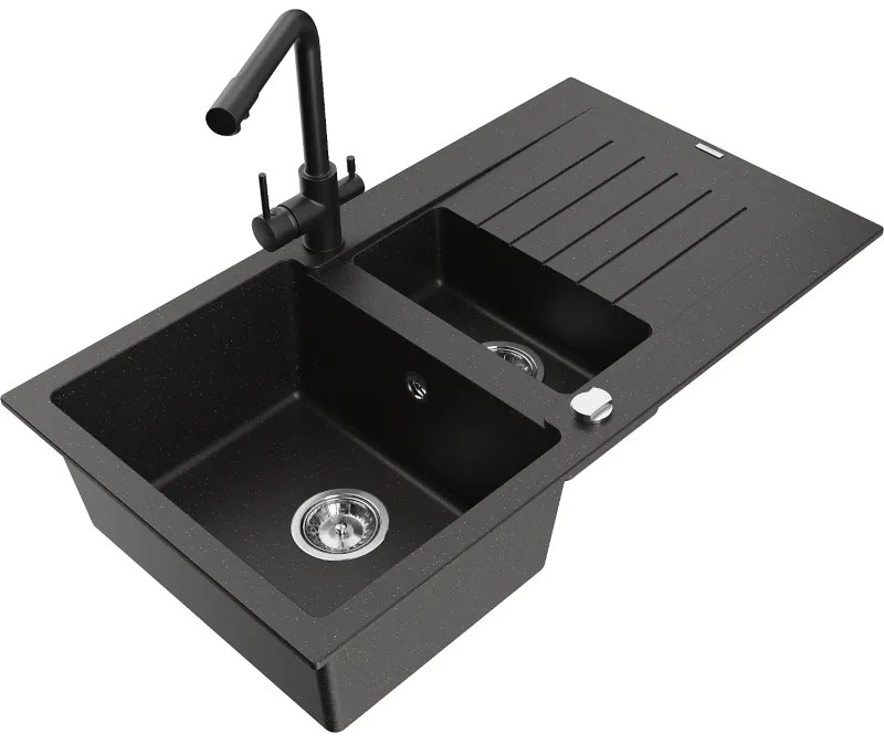 Mexen Matias, granitový drez 900x505x200 mm, 1,5-komorový a čierna batéria Duero, čierna-zlatá metalíza, 6502-75-671600-70