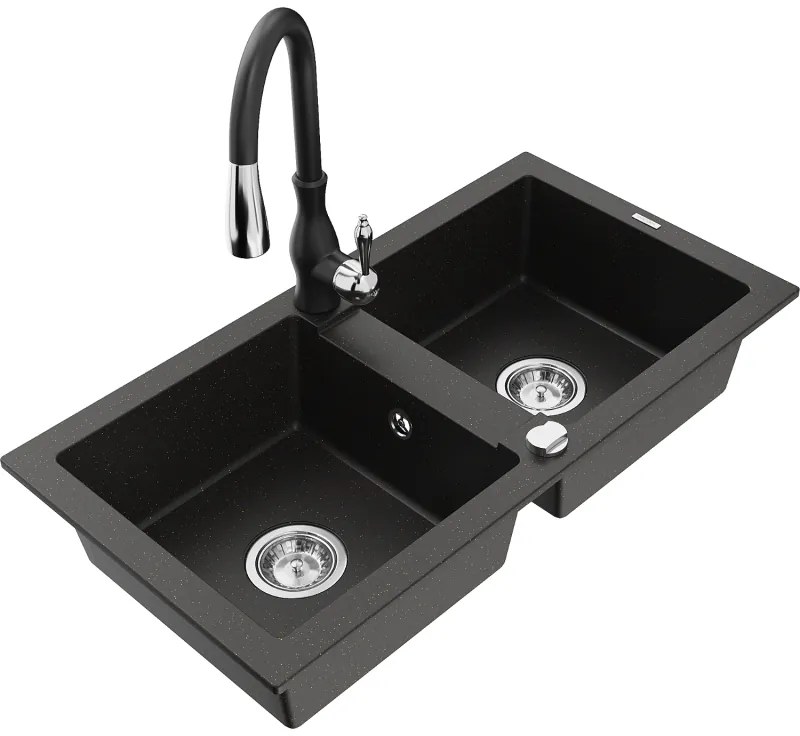 Mexen Mario, 2-komorový granitový drez 820x436x161 mm a drezová batéria Savita, čierna-zlatá metalíza, 6504-75-672601-70