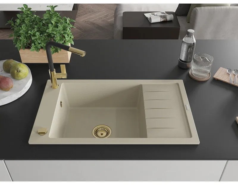 Mexen Elias, 1-komorový granitový drez 795x480x200 mm a drezová batéria Flora, béžová, 6511-69-670401-57-G