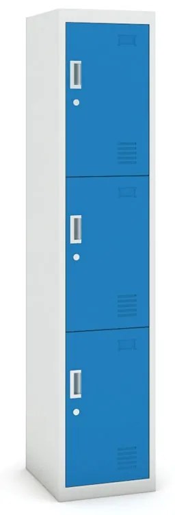 Šatníková skrinka s úložnými boxami, 3 boxy, 1800 x 380 x 450 mm, cylindrický zámok, sivá/modrá
