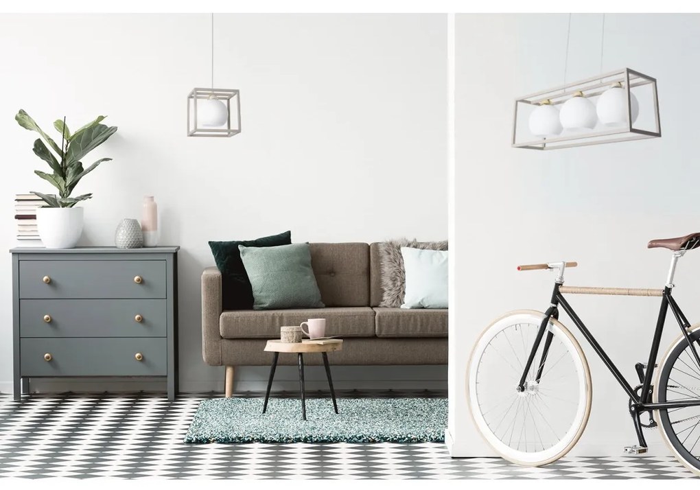 Závesné svietidlo Eliza Cage, 3x biele sklenené tienidlo v kovovom ráme