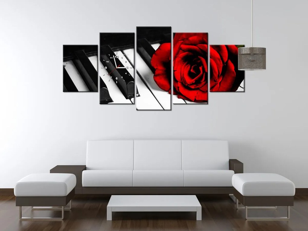 Gario Obraz s hodinami Ruža na klavíri - 5 dielny Rozmery: 150 x 105 cm