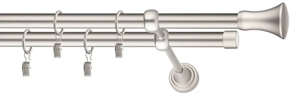 Dekorstudio Chrómová matná dvojradová garniža MONACO 19mm Dĺžka: 320cm, Typ uchytenia: Držiak dvojitý otvorený, Typ príslušenstva: Krúžky tiché so štipcami