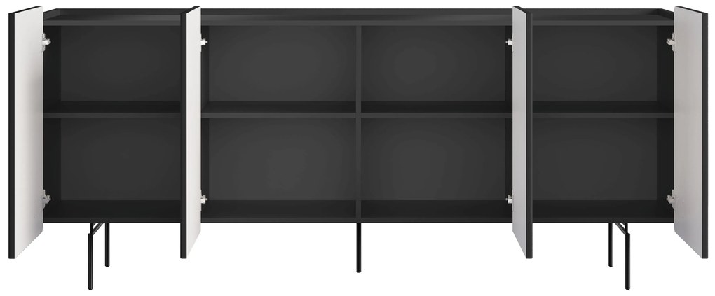 Komoda Malmi 200 cm štvordverová - čierny mat / čierne nohy
