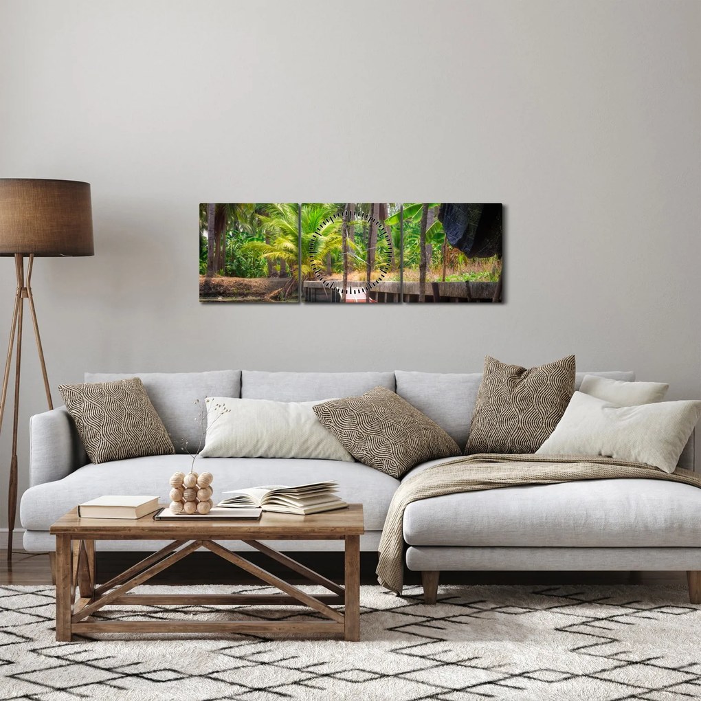 Obraz - Drevená loď na kanáli, Thajsko (s hodinami) (90x30 cm)