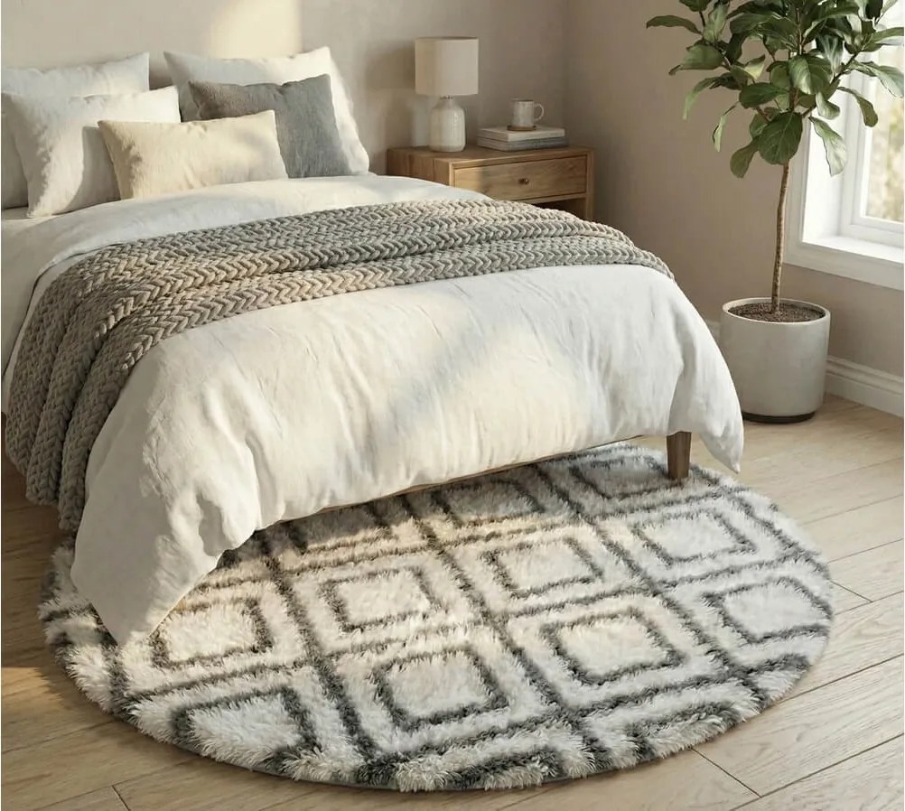 TZ Biely okrúhly vzorovaný koberec shaggy Decor Cube Rozmer: 140 cm