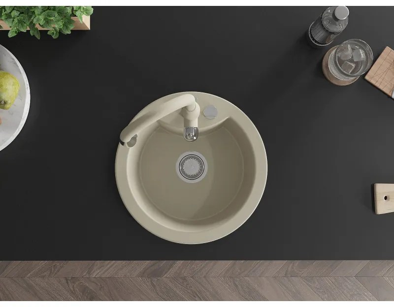 Mexen Diego, 1-komorový granitový drez 488x488x167 mm a drezová batéria Savita, béžová, 6512-69-672601-69