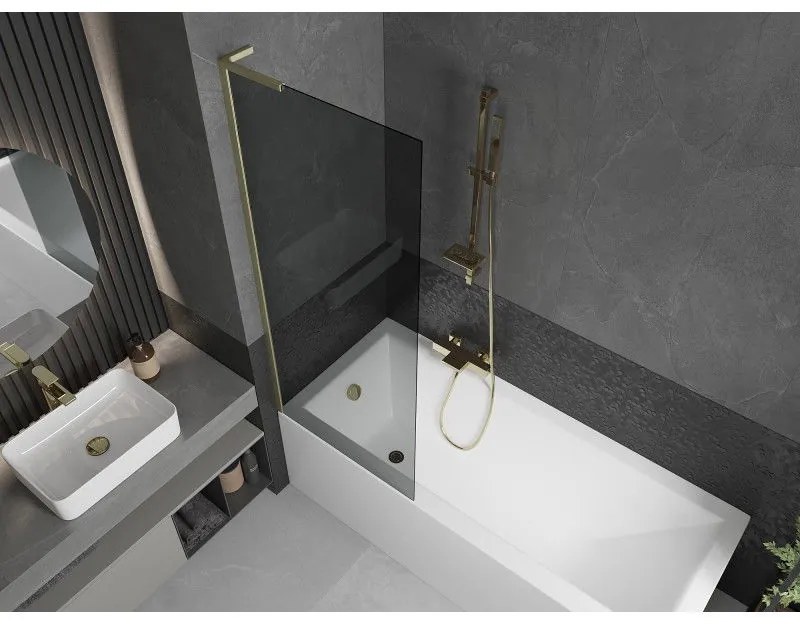 Mexen Next L, 1-krídlová vaňová zástena 70 x 150 cm, 6mm šedé sklo, zlatý matný profil, 895-070-000-03-40-55