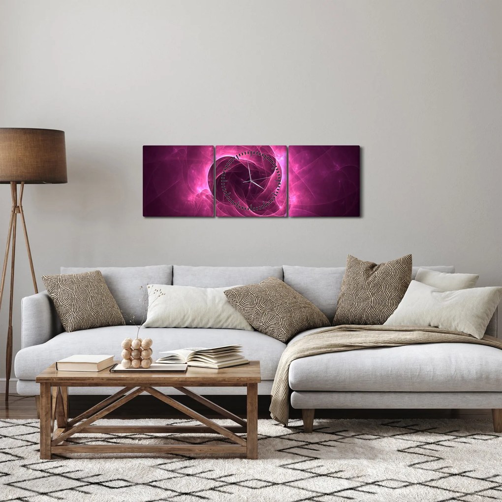 Obraz modernej ružovej abstrakcie (s hodinami) (90x30 cm)