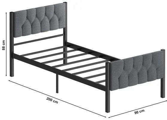 Kovová jednolôžková posteľ KAROM 90x200 cm, sivá, nosnosť 120 kg