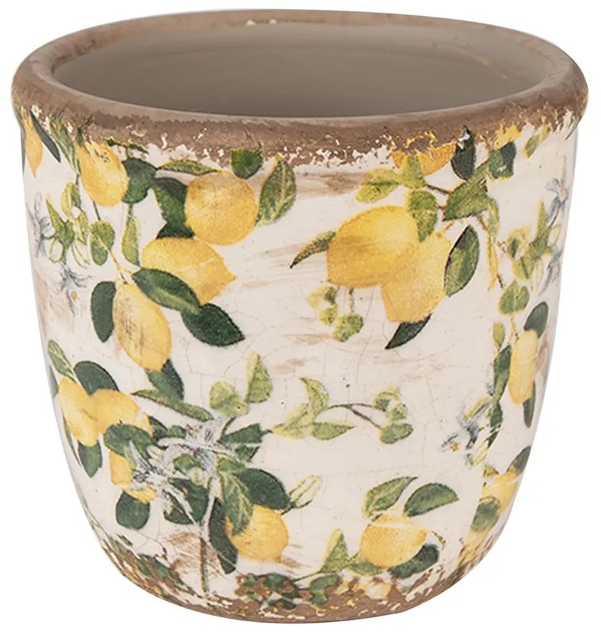 Béžový keramický obal na kvetináč s citrónmi Lemons XS - Ø 11*10 cm