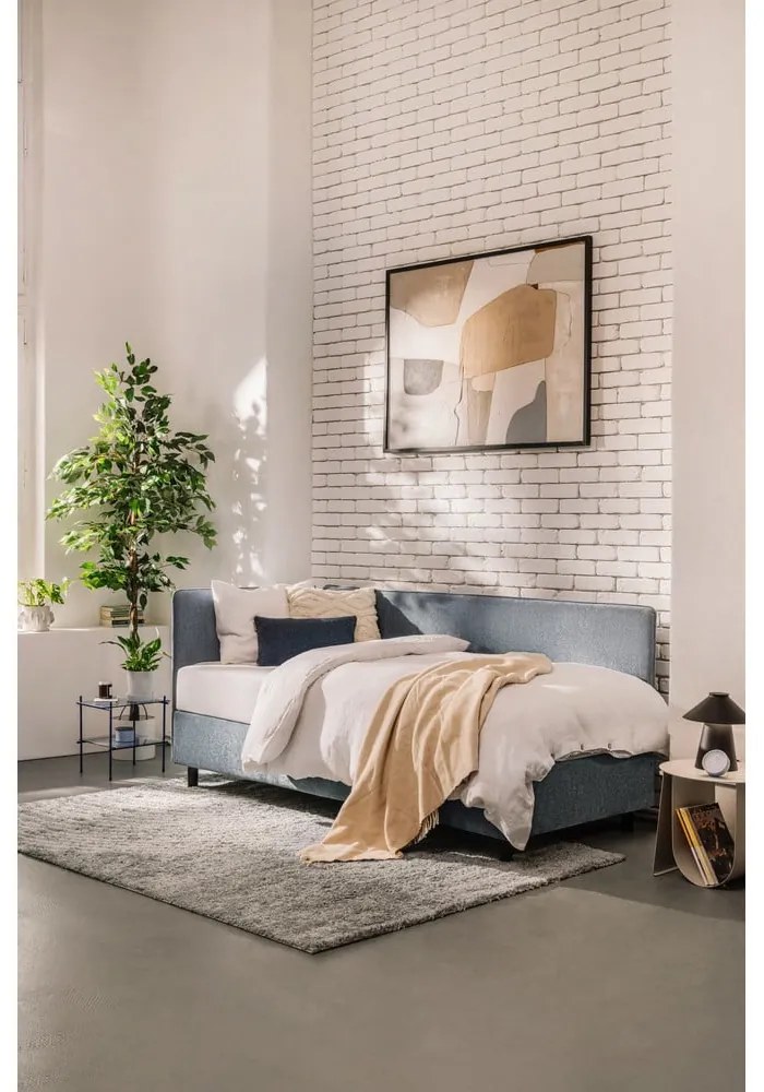 Modrá čalúnená jednolôžková posteľ s úložným priestorom s matracom 90x200 cm Avela – Bonami Selection