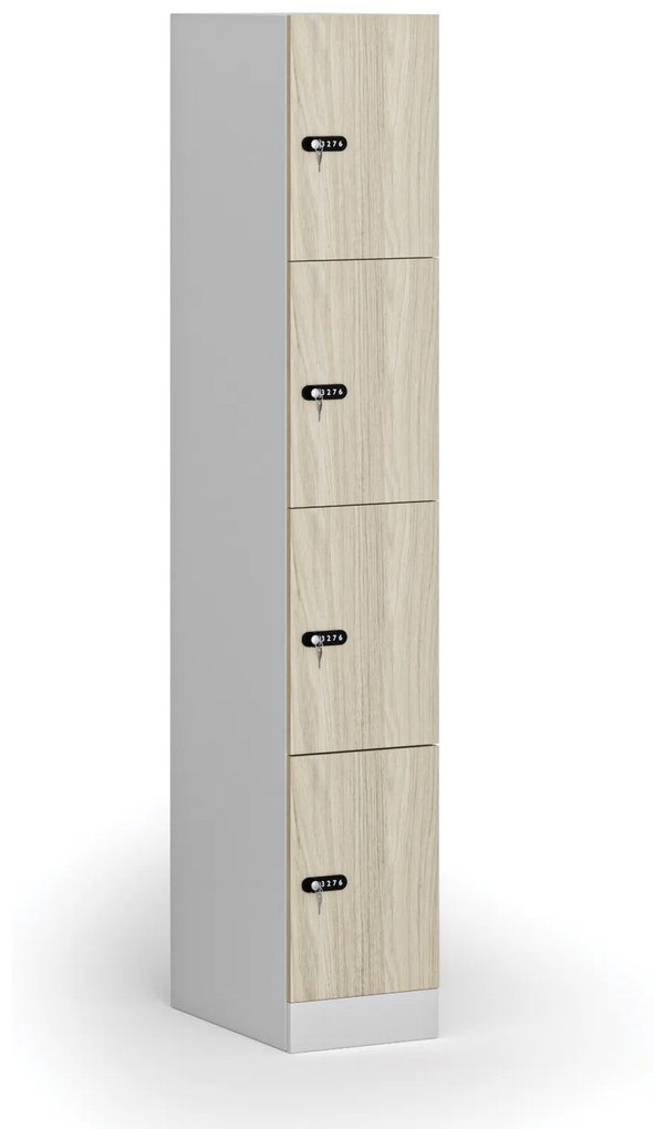 Šatníková skrinka s úložnými boxmi, 4 boxy, 1850 x 300 x 500 mm, mechanický kódový zámok, laminované dvere, dub prírodný