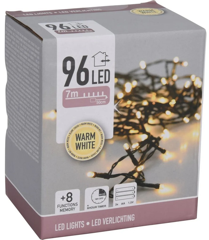LED Vianočná vonkajšia reťaz teplá biela, 96x LED, 7 m, na batérie 3x AA, časovač