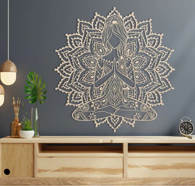 Drevená mandala joga žena – 3D obraz na stenu do obývačky | SENTOP PR0511