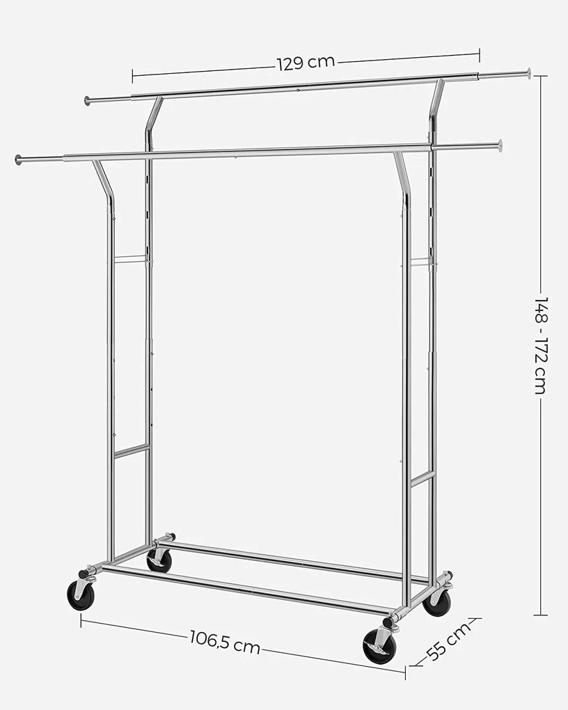 Kovový stojan na šaty s kolieskami, s vysokou nosnosťou do 110 kg, strieborná farba