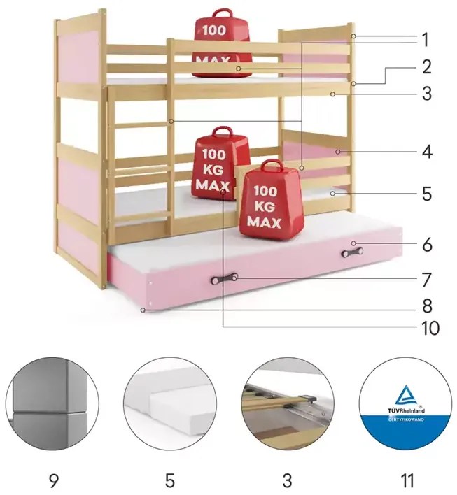 3-lôžková poschodová posteľ RICO so zásuvkou, prírodná/ružová