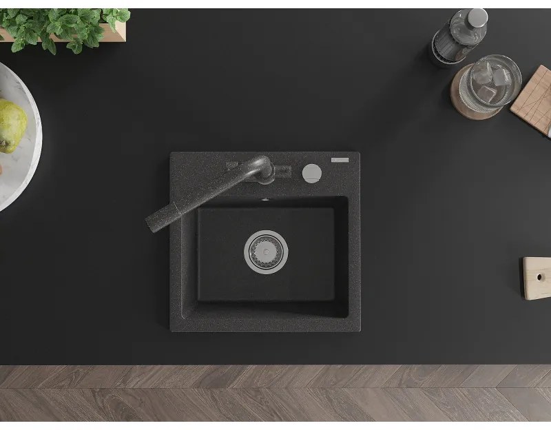 Mexen Milo, granitový drez 435x410x171 mm, 1-komorový a čierna batéria Duero, čierna škvrnitá, 6505-76-671600-76
