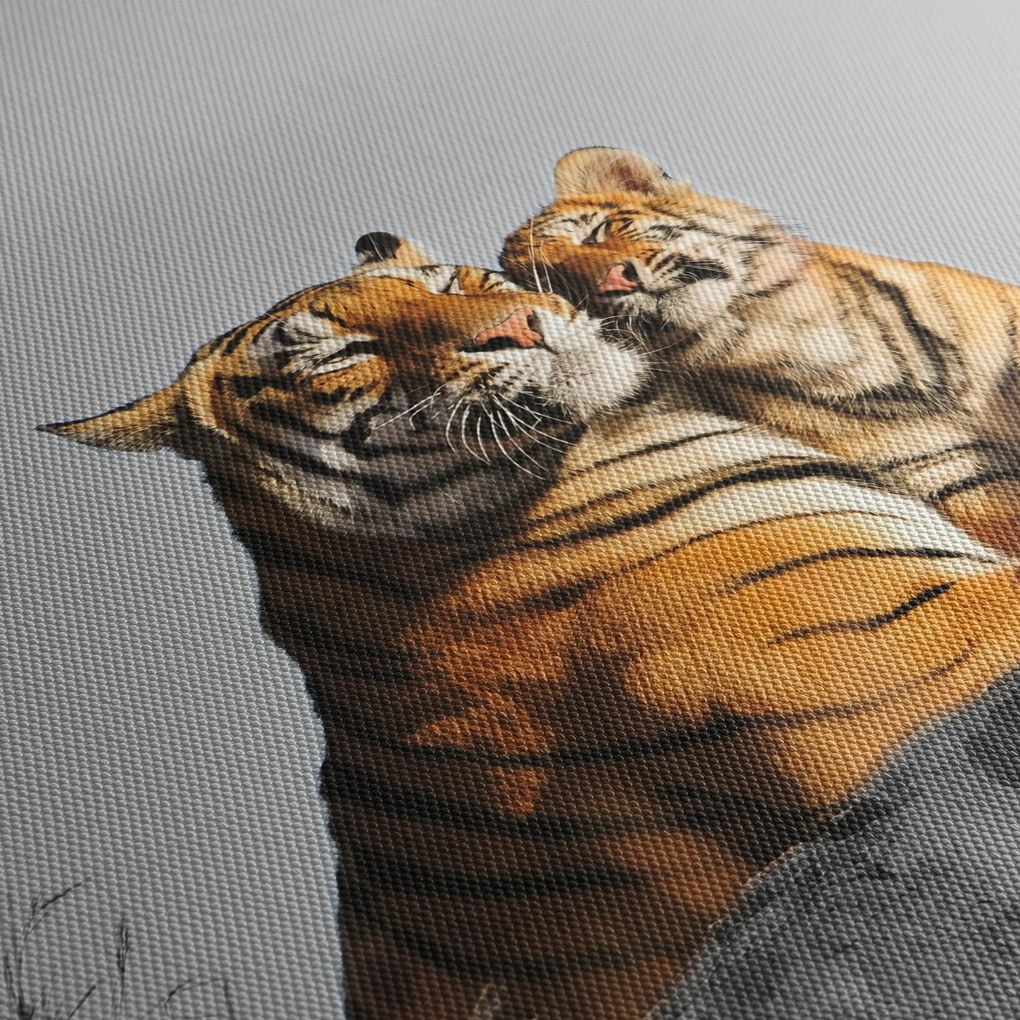 Obraz - Tigrice a jej mláďa, čiernobiely variant (90x60 cm)