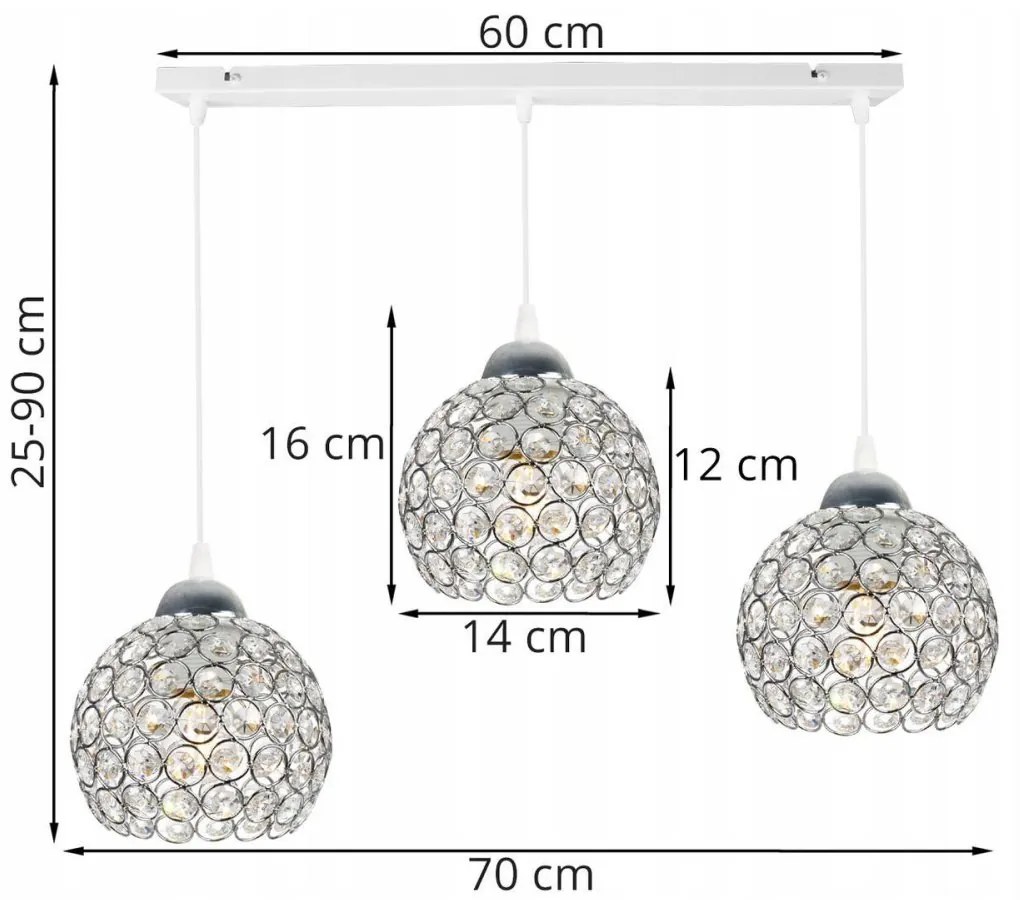 Závesné svietidlo Crystal, 3x strieborné krištáľové tienidlo, (chrómové uchytenie), w