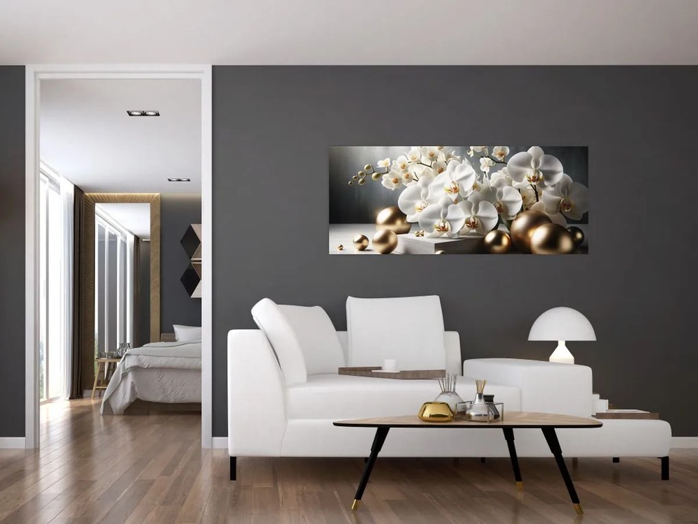 Obraz - Orchidea a zlaté gule (120x50 cm)