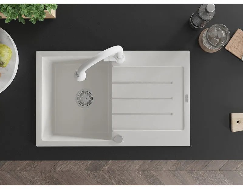 Mexen Bruno, 1-komorový granitový drez 795x495x200 mm a drezová batéria Elia, biela, 6513-20-670101-20