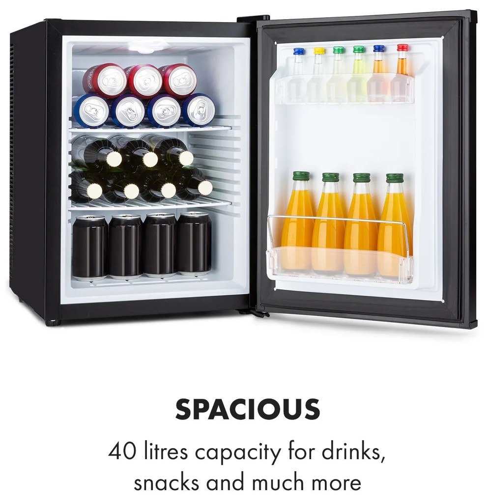 Klarstein Happy Hour 40, mini chladnička, 40 l, 5-15°C, tichá, 23dB, LED-svetlo, čierny