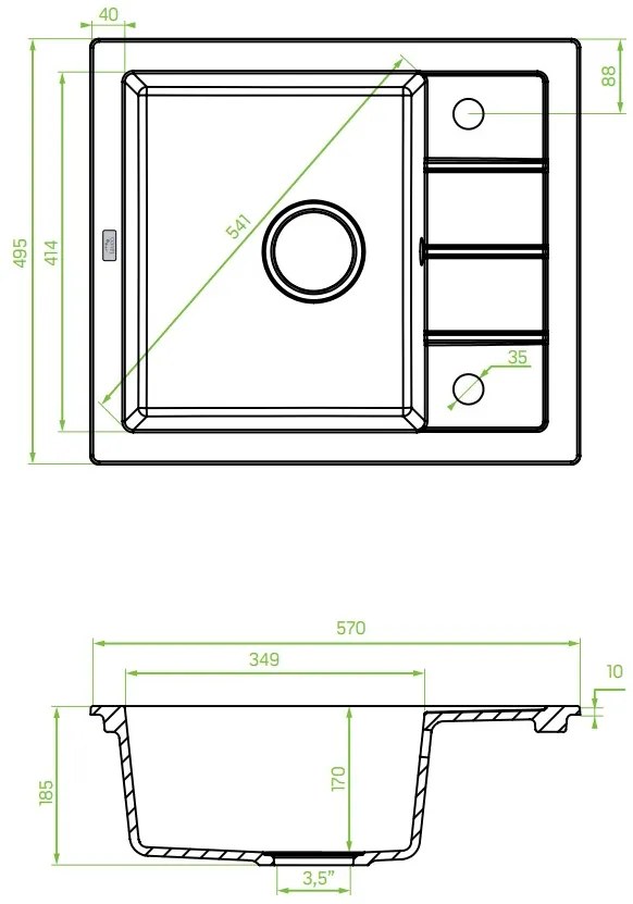 Laveo Trzynastka, 1-komorový granitový drez 570x495x185 mm, čierna škvrnitá, LAV-SBP_713T