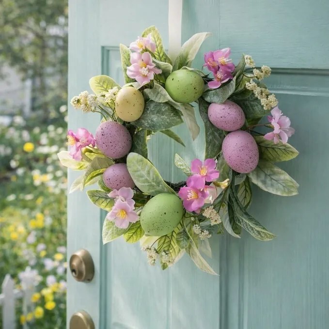Veľkonočný veniec s kvetmi a vajíčkami sv. fialová, pr. 25 cm