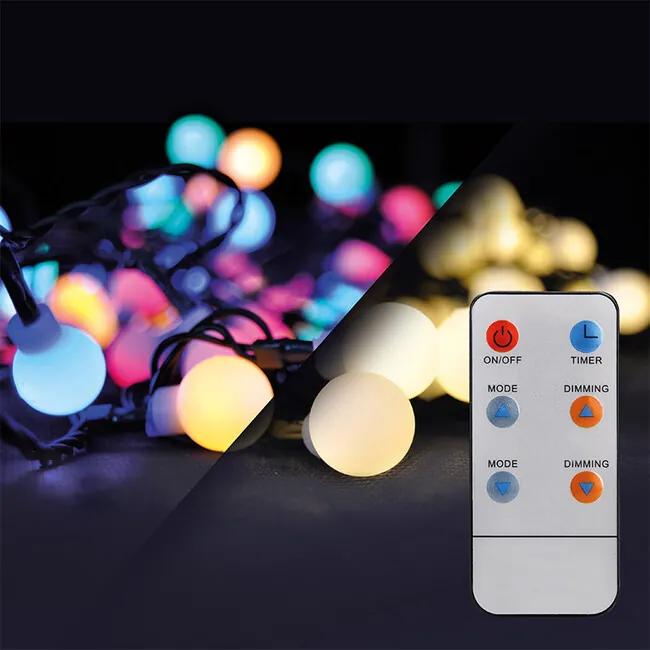 Solight 1V08-RGB LED 2v1 vonkajšia vianočná reťaz, gule, diaľkový ovládač, 100LED, RGB + biela, 10m