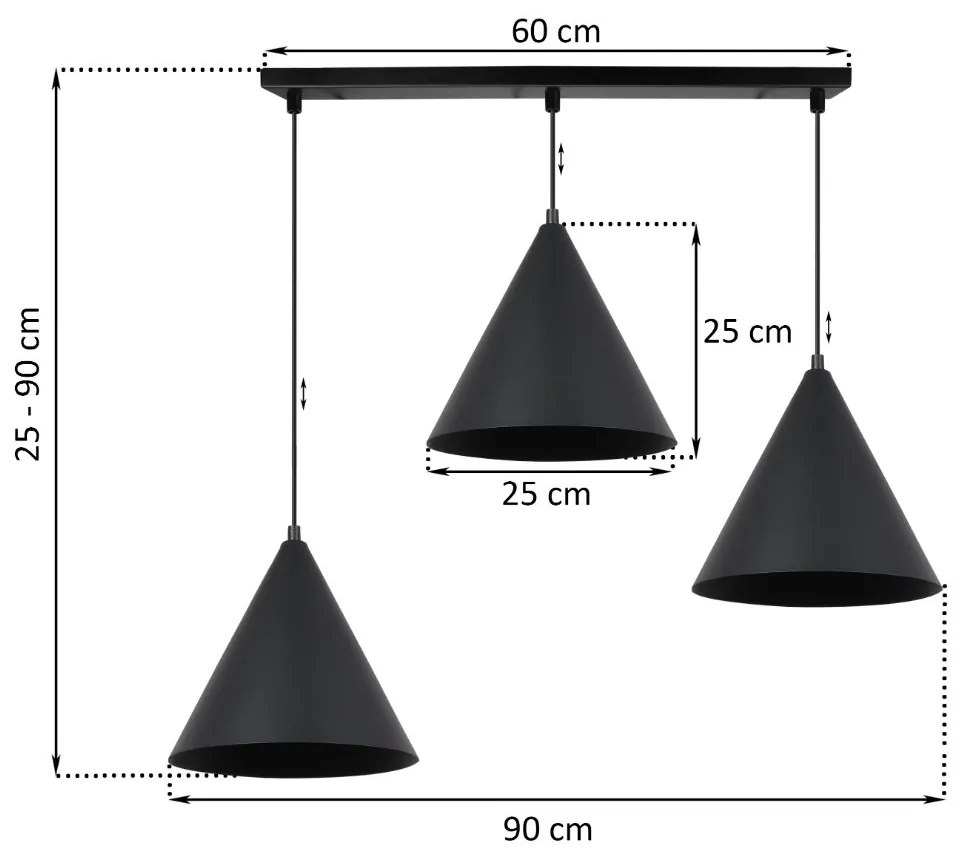Závesné svietidlo Soho, 3x čierne kovové tienidlo, (fi 25cm)