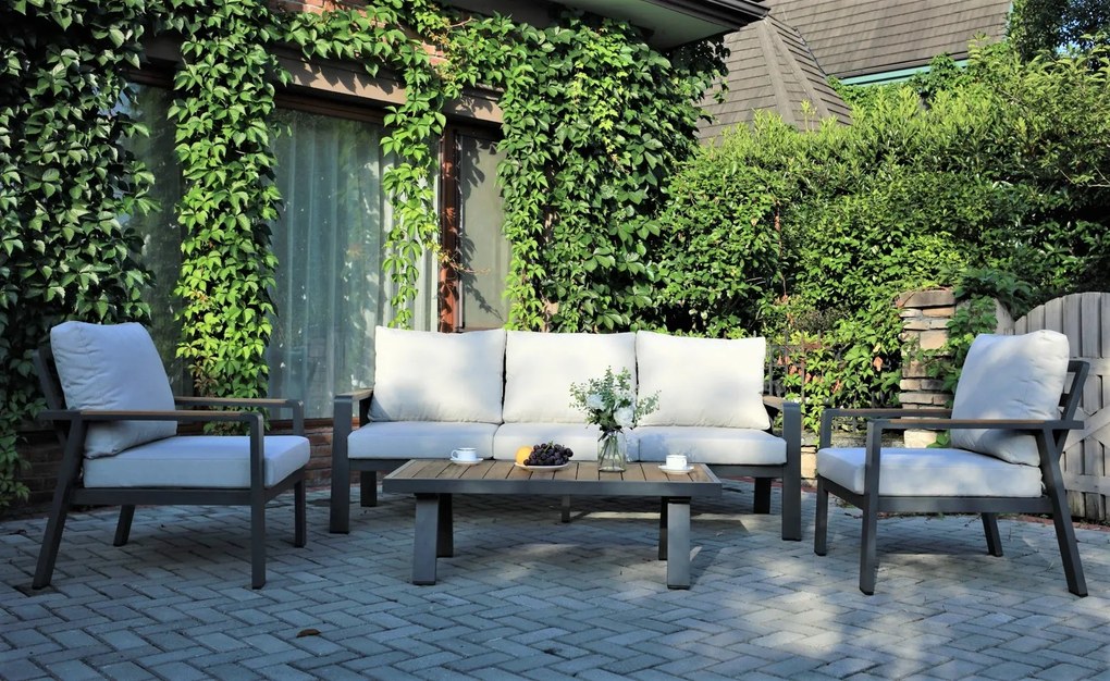 Hliníková sedacia súprava EMOT 3 WPC antracit so svetlými poduškami