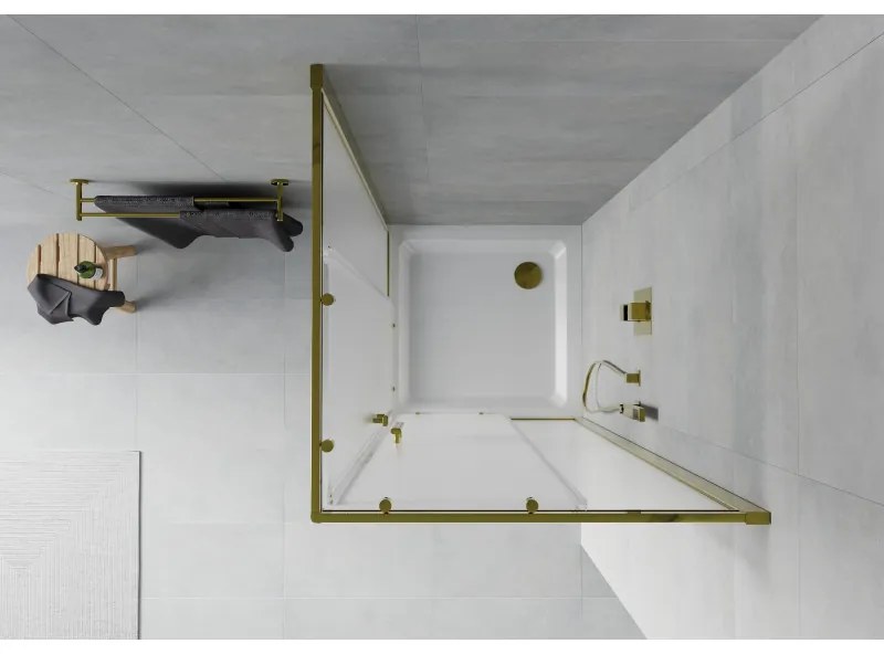 Mexen Rio, štvorcový sprchovací kút s posuvnými dverami 90(dvere) x 90(dvere) x 190 cm, 6mm sklo námraza, zlatý profil + biela sprchová vanička SLIM, 860-090-090-50-30-4010G