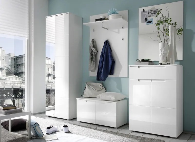 Skriňa so zrkadlom Spice, lesklá biela