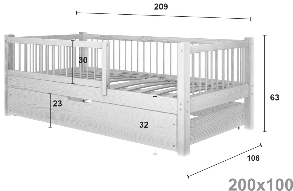 Drevená posteľ s úložným priestorom Axel bis - 100 x 200 / prírodná