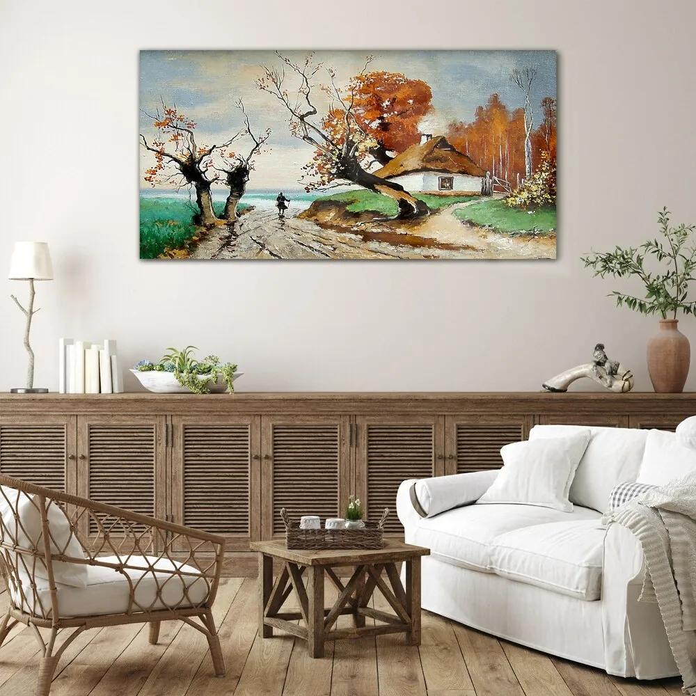 Skleneny obraz Abstrakcia krajiny chata strom
