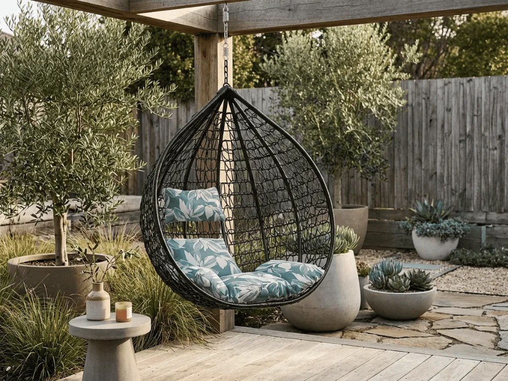 Čierne závesné kreslo KOKON bez stojana, zeleno-biely vankúš