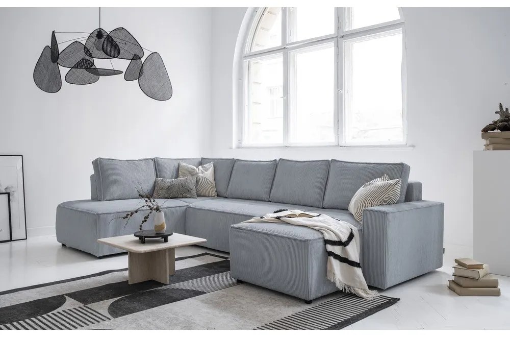 Svetlosivá menčestrová rozkladacia rohová pohovka (ľavý roh/do tvaru "U") Brave Dave – Miuform