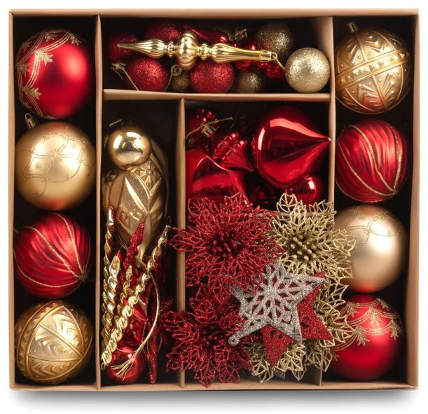 Sada vianočných závesných dekorácií MARIEN zlatá / červená (70 ks)