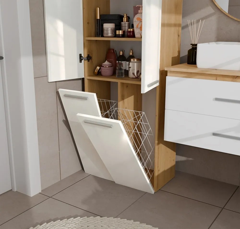 Koupelnová skříňka s 2 koši na prádlo NEL 2K DD bílý lesk/dub Artisan