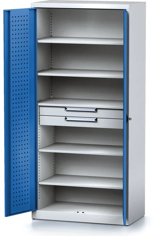 Policová dielenská skriňa 2-dverová MECHANIC, 5 políc, 2 zásuvky, 920 x 500 x 1950 mm, modré dvere